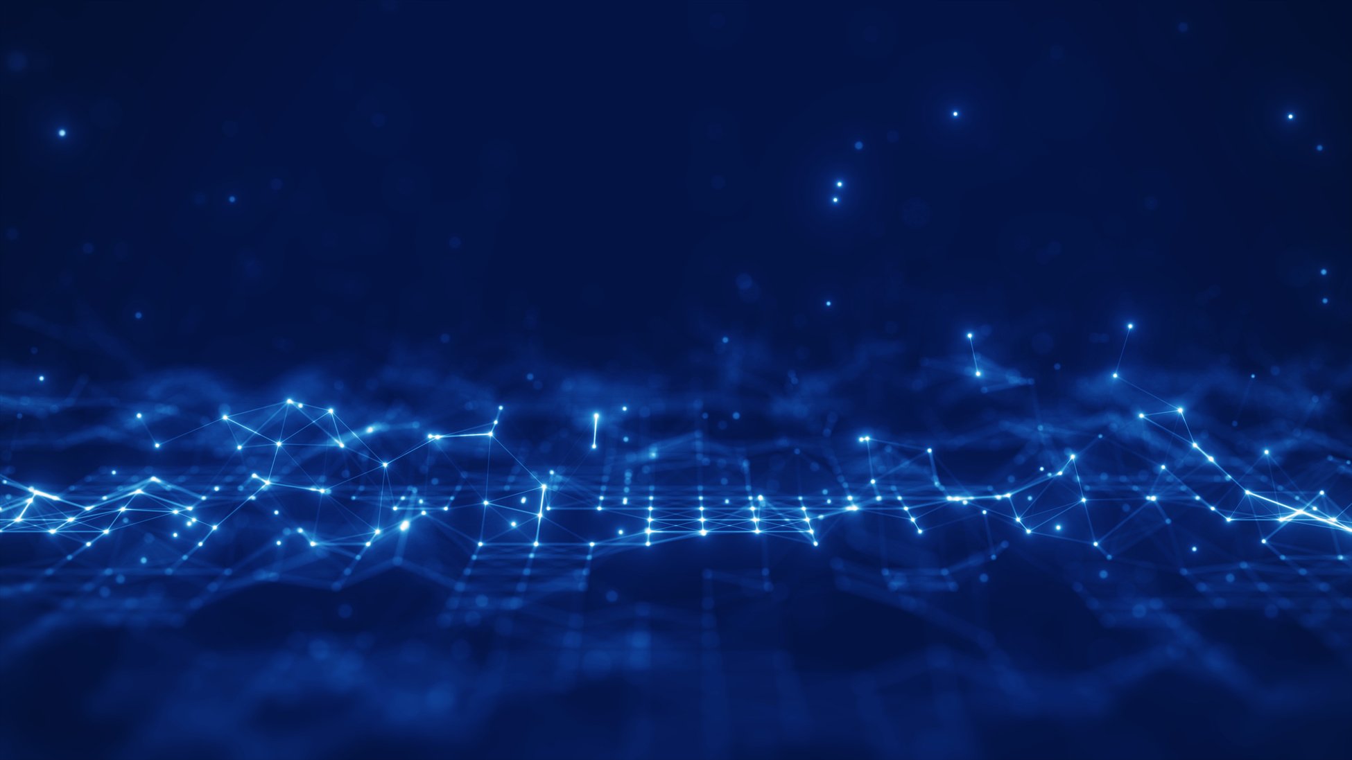 Abstract concepts of cybersecurity technology and digital data protection. Protect internet network connection with polygons, dots and lines with dark blue background, center focus, side blur.